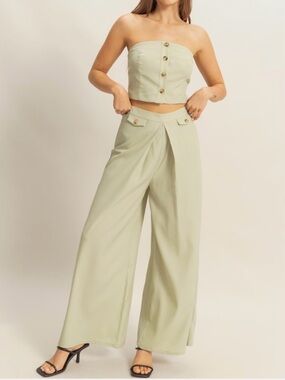 🟠NWT HYFVE 2PC Set - Strapless Button Top/Wide Leg Pants in Sage
